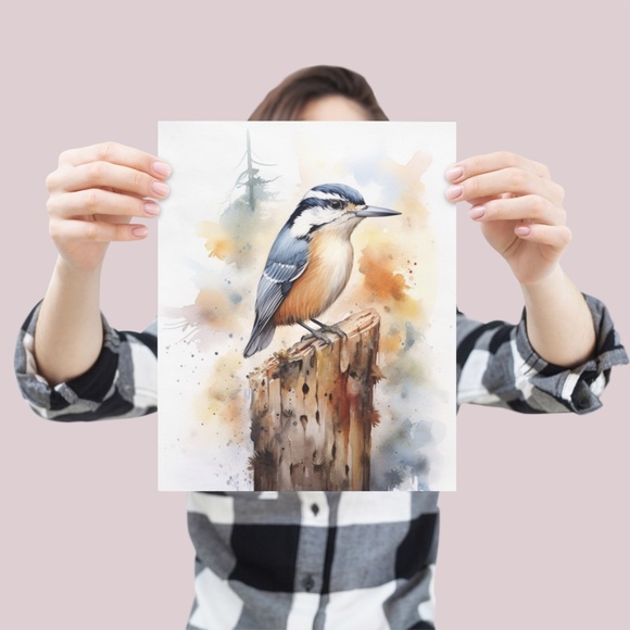 Red-breasted Nuthatch Bird Wall Art Watercolor Illustration Print Unframed - Picture 4 of 5